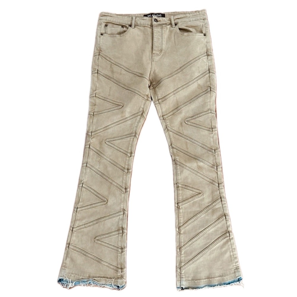Valabasas Jeans Mens 38 x 34 Tan Washed Stacked Zig Zag Boot Flare Distressed